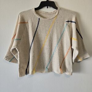 Cream Oversized Cropped Colorful Stripe Tassle Knit Sweater Size Medium
